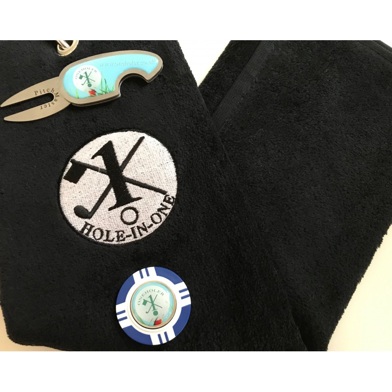 Hole in One Golf Towel Black with Hole in One Pitch Master Repairer